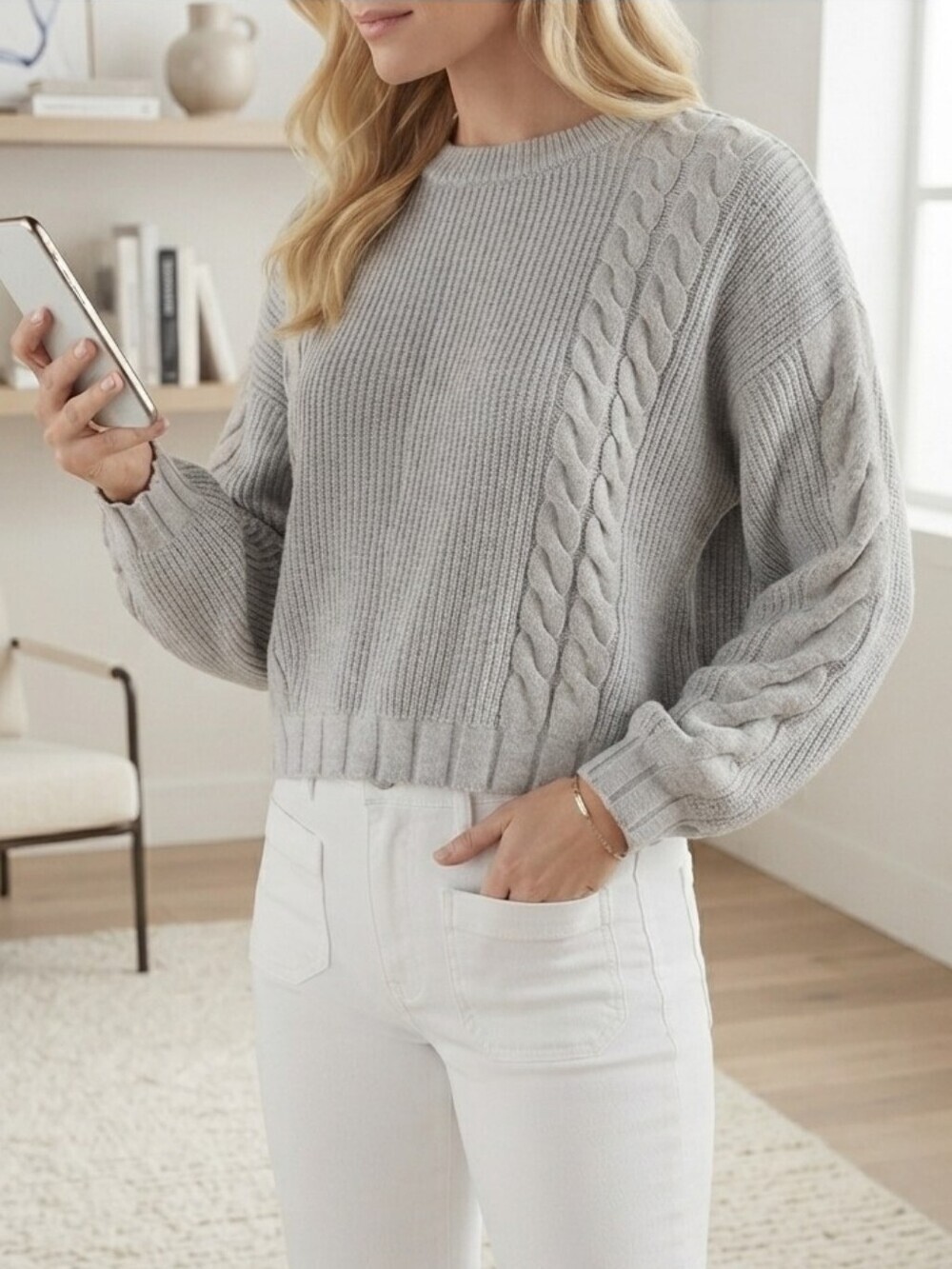 INITIAL NWT Mohair Blend Cropped Designer Knit Pullover Sweater Light Grey Sz 2